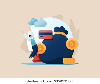 prize money. earn points and loyalty programs. a male customer is happy because he got the main prize or a sack of money. benefits and cashback. illustration design concept. vector elements