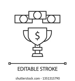 Prize money linear icon. Esports tournament. Gamer winning cup with cash. Winner pot of game. Champion trophy. Thin line illustration. Contour symbol. Vector isolated outline drawing. Editable stroke