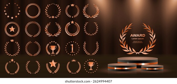 Prize pedestal sparkles under soft radiant beams. Gold podium design highlights center stage moment. Platform curves form elegant 3D display shape. Trophy-ready scene fits awards and luxury branding.