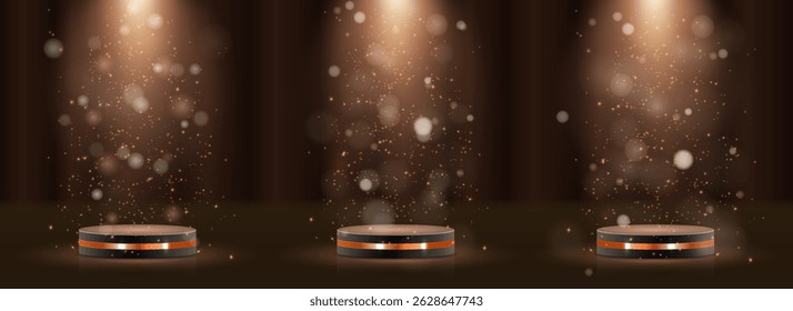 Prize pedestal sparkles under soft radiant beams. Gold podium design highlights center stage moment. Platform curves form elegant 3D display shape. Trophy-ready scene fits awards and luxury branding.