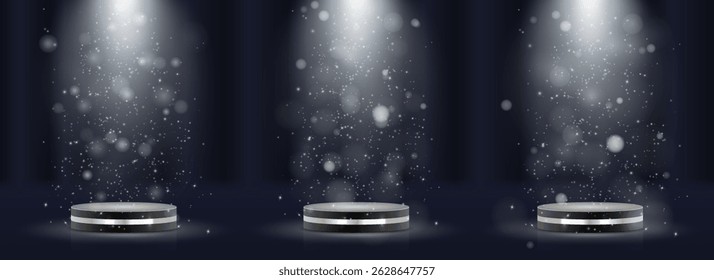 Prize pedestal sparkles under soft radiant beams. Gold podium design highlights center stage moment. Platform curves form elegant 3D display shape. Trophy-ready scene fits awards and luxury branding.