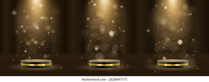 Prize pedestal sparkles under soft radiant beams. Gold podium design highlights center stage moment. Platform curves form elegant 3D display shape. Trophy-ready scene fits awards and luxury branding.