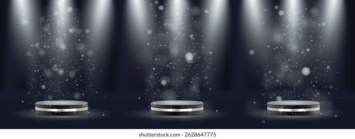 Prize pedestal sparkles under soft radiant beams. Gold podium design highlights center stage moment. Platform curves form elegant 3D display shape. Trophy-ready scene fits awards and luxury branding.