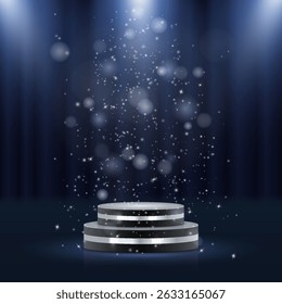 Prize pedestal sparkles under soft radiant beams. Gold podium design highlights center stage moment. Platform curves form elegant 3D display shape. Trophy-ready scene fits awards and luxury branding.