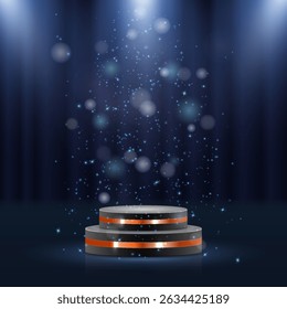 Prize pedestal sparkles under soft radiant beams. Gold podium design highlights center stage moment. Platform curves form elegant 3D display shape. Trophy-ready scene fits awards and luxury branding.