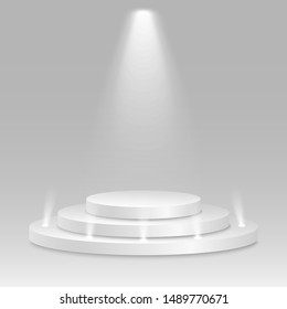 Prize place. Isolated 3D empty white podium on gray background. Luminous spotlight. Vector illustration. EPS 10