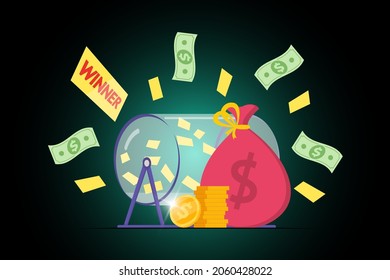Prize raffle rotating drum with lottery tickets and lucky winner money bag on dark background. Online random draw promotional design concept. Gambling vector eps illustration