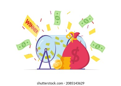 Prize Raffle Rotating Drum With Lottery Tickets And Lucky Winner Money Bag On White Background. Online Random Draw Promotional Design Concept. Gambling Vector Eps Illustration