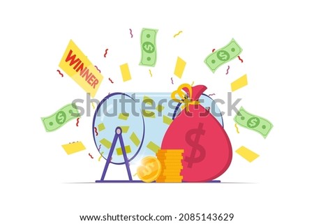 Prize raffle rotating drum with lottery tickets and lucky winner money bag on white background. Online random draw promotional design concept. Gambling vector eps illustration