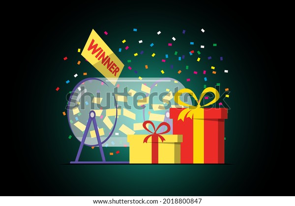 Prize raffle
rotating drum with lottery tickets and lucky winner gift boxes on
dark background. Online random draw promotional design concept.
Gambling vector eps
illustration