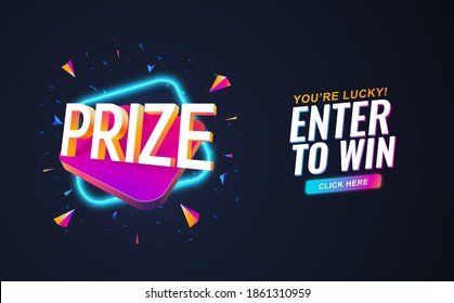 Prize retro 90s style on dark background. Winning prizes vector illustration. Gambling raffles banner template