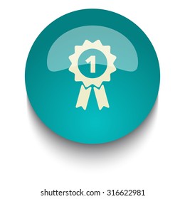 Prize Ribbon vector icon on blue green glossy glass button on white background