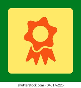 Prize Seal vector icon. Style is flat rounded square button, orange and yellow colors, green background.