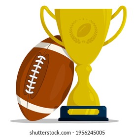 Prize sports cup with ball for participation in american football competitions. Award trophy to winner of tournament. Vector in cartoon style