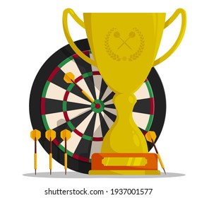 Prize sports cup with darts board target and dart arrows in cartoon style for competitions. Award trophy to winner of tournament. Vector