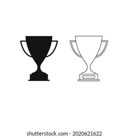 Prize trophy cup, black silhouette and dark outline. The symbol of victory in sports, competition, leadership. Vector illustration, flat minimal monochrome design isolated on white background, eps 10.