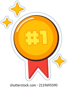 Prize for winner of competition. Gold medal for first place. Award, winning prize icon. Stick, symbol of victory for mobile app, banner. Gold medal sticker with red ribbon vector illustration