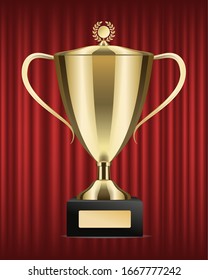 Prize for winner in competition vector, trophy isolated on red curtain background, symbol of luck. Successful completion of task, golden decoration