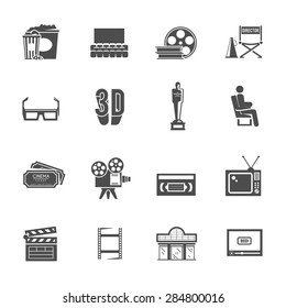 Prize Winning Film Production And Movie Theater Projector Retro Black Icons Set With Abstract Isolated Vector Illustration