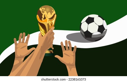A prize for winning a football game. The prize is in your hands on an abstract green background with a soccer ball. A win. Printing on textiles and paper. Banner, flyer.