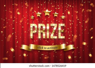 Prize winning web banner vector template. Golden typography with sparkling light bulbs on curtain. Gold shiny stars, click to activate text on ribbon vector illustration. Award winner notification