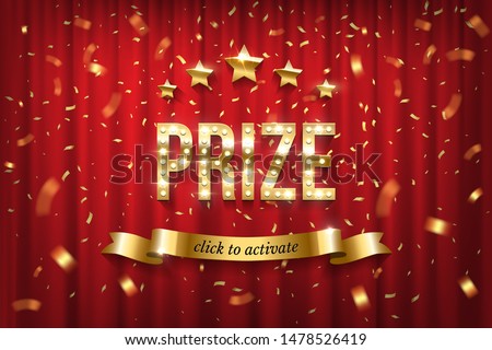 Prize winning web banner vector template. Golden typography with sparkling light bulbs on curtain. Gold shiny stars, click to activate text on ribbon vector illustration. Award winner notification