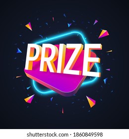 Prize word with 3d vibrant shape and neon light effect on dark background. Lottery giveaway winning Vector isolated design elements for gambling 