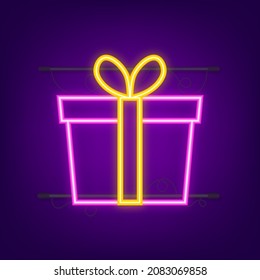 Prizes box neon, gift sign. Night neon signboard. Vector stock illustration