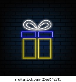 Prizes box neon, gift sign. Night neon signboard. Vector stock illustration..