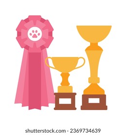 Prizes in the competitions for pet - gold cups and a award ribbons. Modern vector illustration, minimalistic style. Isolated on white.