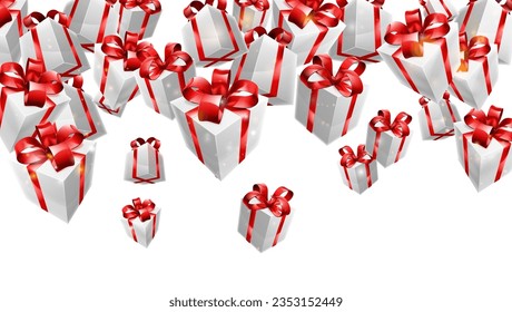 Prizes, gifts or presents in boxes falling Christmas or birthday concept background border frame design.