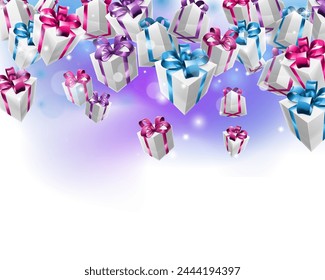 Premios, regalos o regalos en cajas que caen Navidades o diseño de marco de borde de fondo de concepto de cumpleaños.