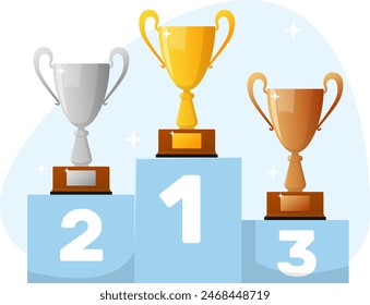 Prizes with gold silver and bronze trophy cup. Stock vector illustration
