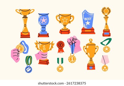 Prizes in retro cartoon style. Trophies, awards, cups, medals, competition symbols, 90s sports vibe, illustration in retro cartoon style, trendy stickers