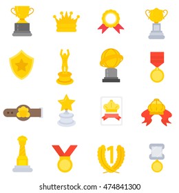 Prizes and trophy icons set. flat design