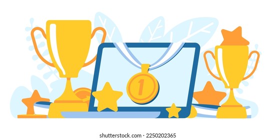 Prizes and winners. Medals for first place. Laptop with cup and other winning trophies. Competition victory. Achievement award. Stars and gold goblet. Computer rewards
