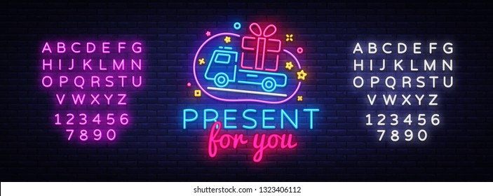 Prizes for you neon sign vector. Gift Design template neon sign, light banner, neon signboard, nightly bright advertising, light inscription. Vector illustration. Editing text neon sign