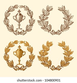 Prize-winning cup and set of wreaths from laurel and oak branches