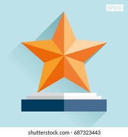 Prize-winning star icon in flat style. Reward on the podium. Blue background. Business object. Vector design element for you project