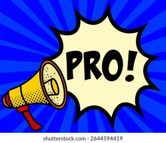 Pro announcement speech bubble. Megaphone, speech burst, comic style, bright background, communication element, expression tool, voice projection, information sharing, pop art design.