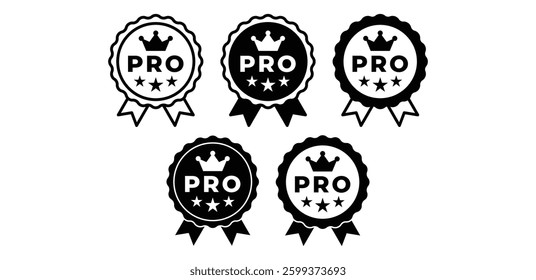 Pro Award Label Stamp Badge Banner with Crowns and Stars Icons Vector Design Illustration Template Set