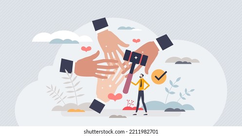 Pro bono work with public good social and free services tiny person concept. Lawyer help for community protection and defense in court vector illustration. Assistance and consulting for compensations.