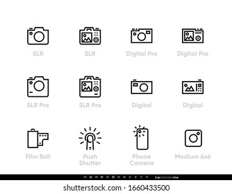 Pro Camera, Digital, SLR, Film and Phone Camera Push Shutter icon line set. Editable vector stroke