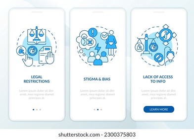 Pro choice barriers blue onboarding mobile app screen. Womens right walkthrough 3 steps editable graphic instructions with linear concepts. UI, UX, GUI template. Myriad Pro-Bold, Regular fonts used