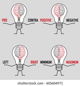 Pro and contra  bulb with brains concept vector illustration
