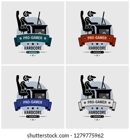 Pro gamer esports logo design. Vector artwork of a professional hardcore gamer playing computer games on a PC computer. He is sitting on a gaming chair and wearing a headset.