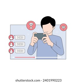 Pro gamer man live streaming while play mobile game on smartphone. Hand drawn style vector design illustration