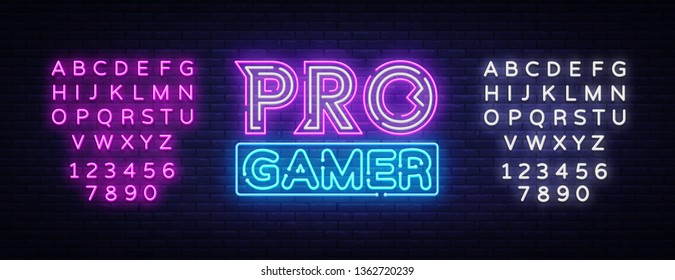 Pro Gamer neon sign vector. Neon Gaming Design template, light banner, night signboard, nightly bright advertising, light inscription. Vector illustration. Editing text neon sign