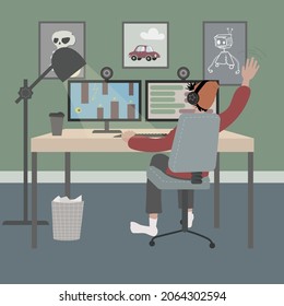 Pro gamer playing online video game on personal computer while recording video using web camera  for his online video channel.
Cyber sport streamer. Flat vector interior illustration.
