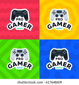 Pro gamer vector flat illustration icon. Video game gamepad controller joystick. Console for video game sticker print.